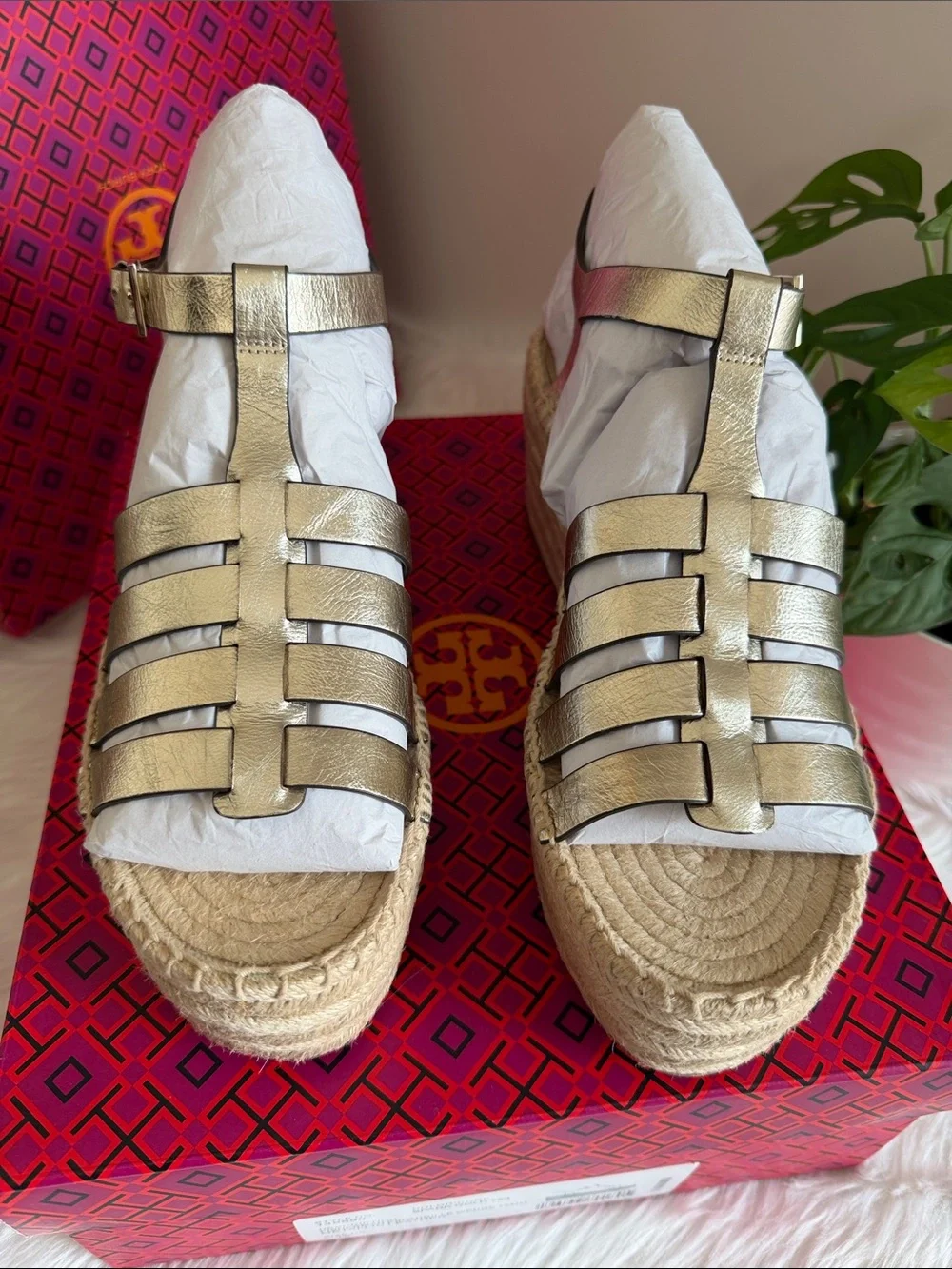 Tory Burch Metallic Gold Leather Espadrille Wedge Sandals